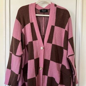 Dressed in Lala Love You Oversized Checkerboard Cardigan in Pink & Brown